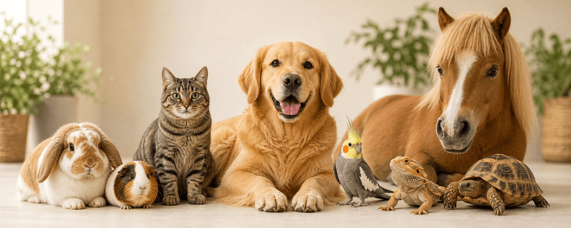 Dog, cat, rabbit, guinea pig, bird, lizard, turtle, and pony representing the pets a veterinary clinic cares for